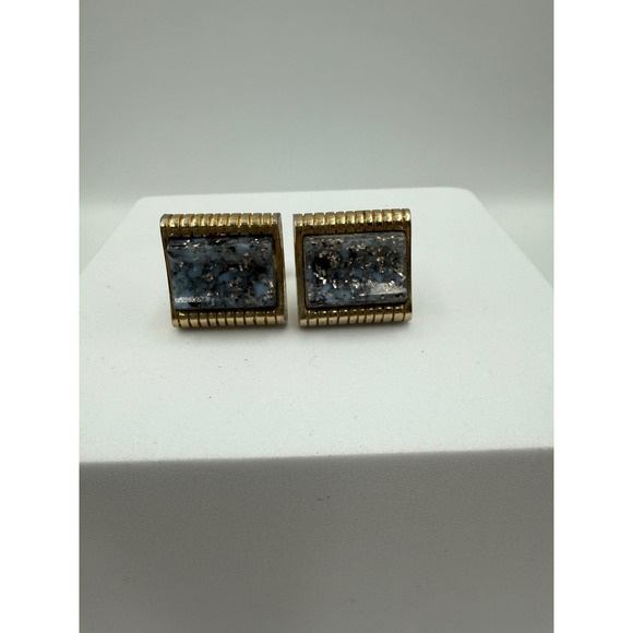 Other - Vintage Gold Tone Speckled Stone Rectangular Cufflinks Mid Century‎ Modern Mens